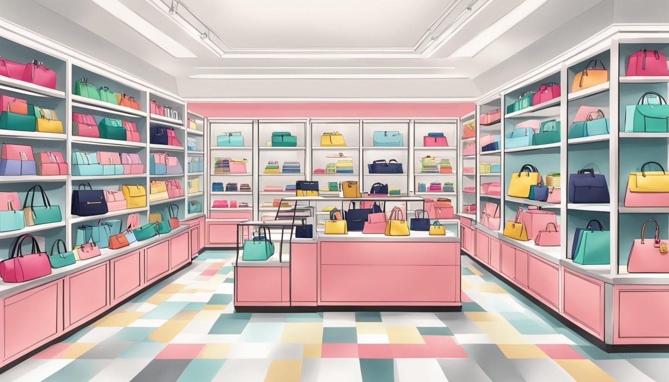 A bright and modern store interior with shelves neatly displaying a variety of Kate Spade bags. The store is well-lit and inviting, with a clean and organized layout