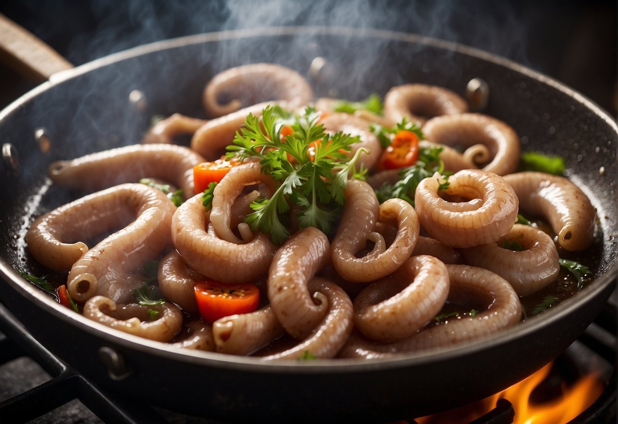 Pork intestines sizzling in a hot wok, being stir-fried with aromatics and seasonings, creating a fragrant and flavorful dish
