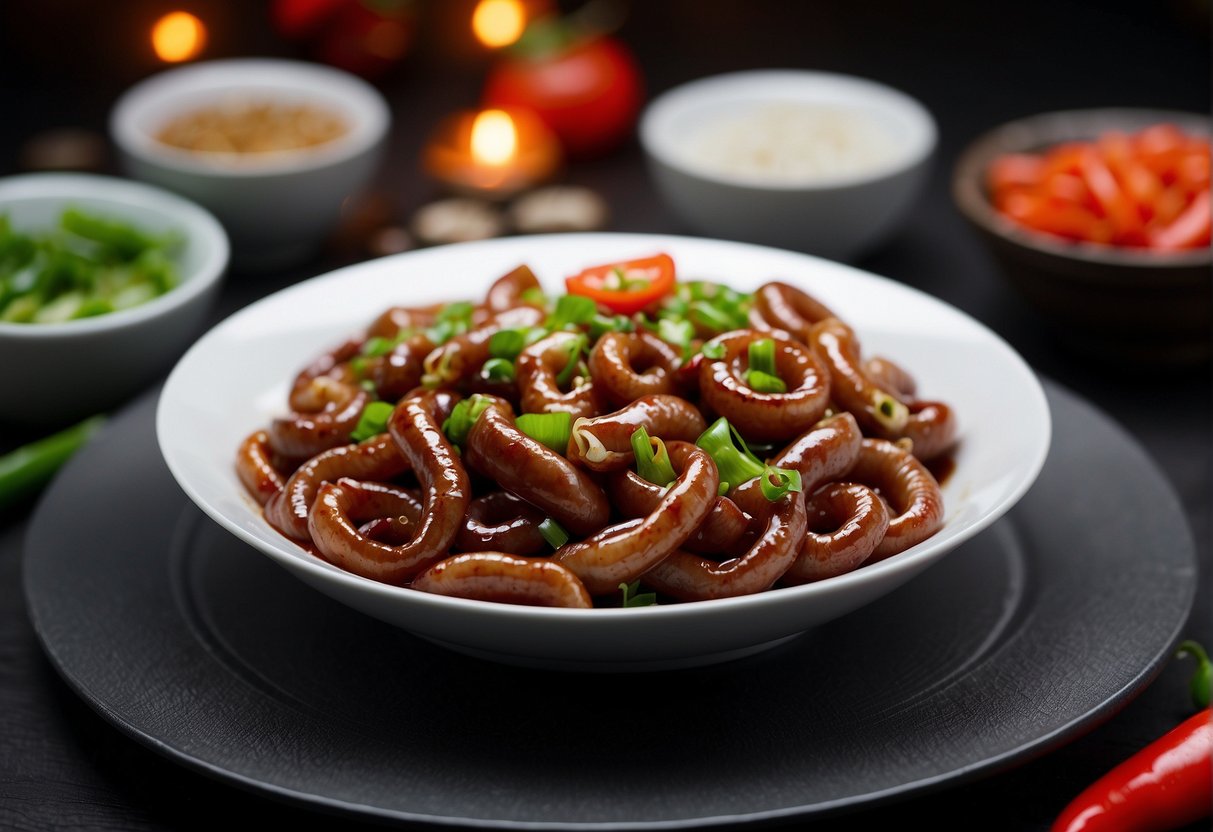 A platter of sizzling Chinese pork intestines, garnished with vibrant green scallions and red chili peppers, is elegantly presented on a round, white porcelain dish