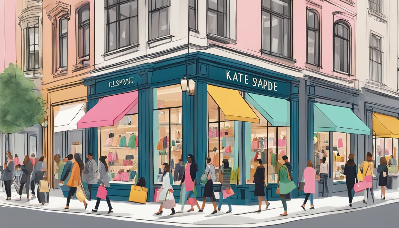 A busy city street with a prominent kate spade store front, surrounded by bustling shoppers and a clear "Frequently Asked Questions" sign