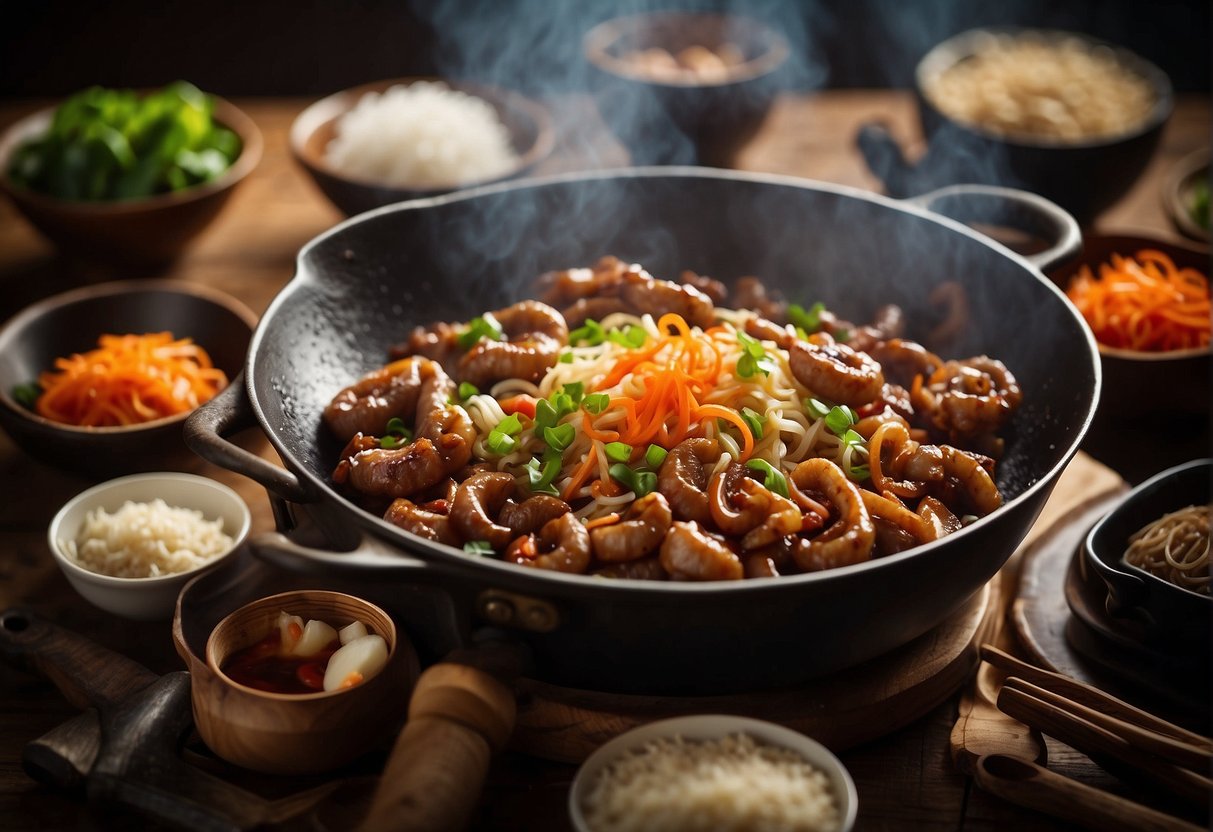 A sizzling wok with stir-fried pork intestines, surrounded by traditional Chinese cooking ingredients and utensils