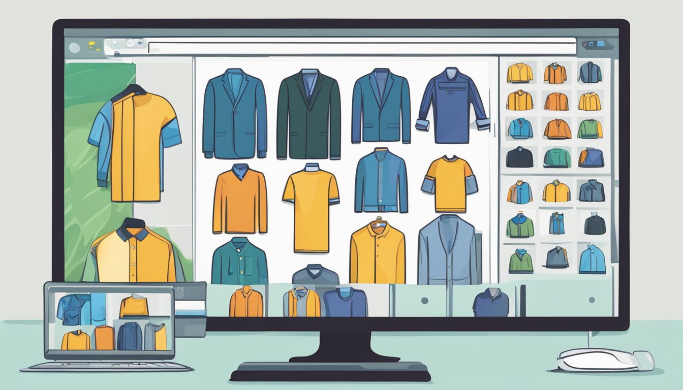 A computer screen with a variety of male clothing options displayed. A cursor hovers over a "buy now" button