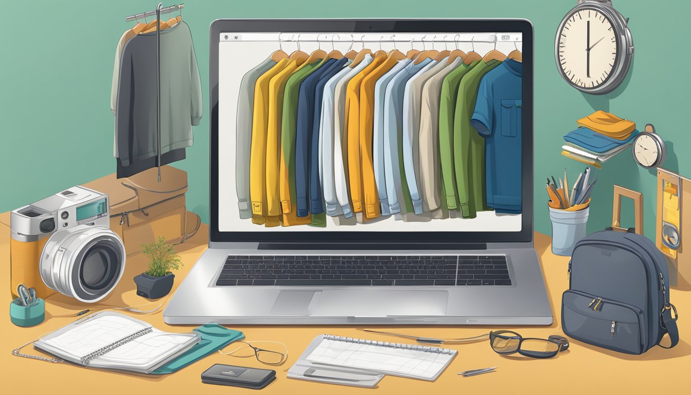 A laptop open to a male clothing website, with a variety of clothing items displayed on the screen. A measuring tape and a note with specific measurements are placed next to the laptop