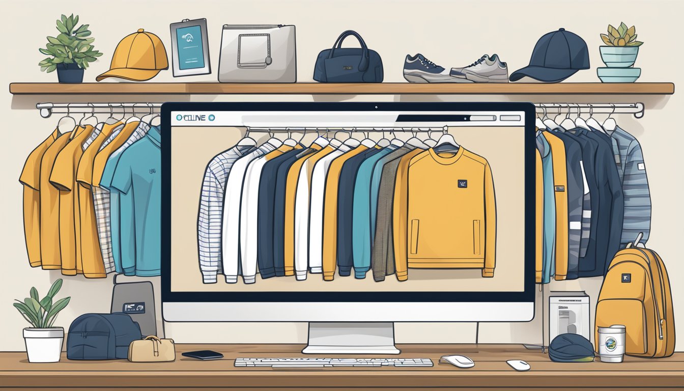 A computer screen with a website displaying top male clothing brands and products available for online purchase