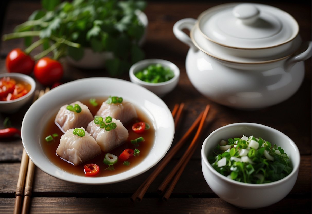 A steaming pot of Chinese pork jelly, garnished with green onions and red chili peppers, sits on a wooden table next to a stack of white porcelain bowls and chopsticks