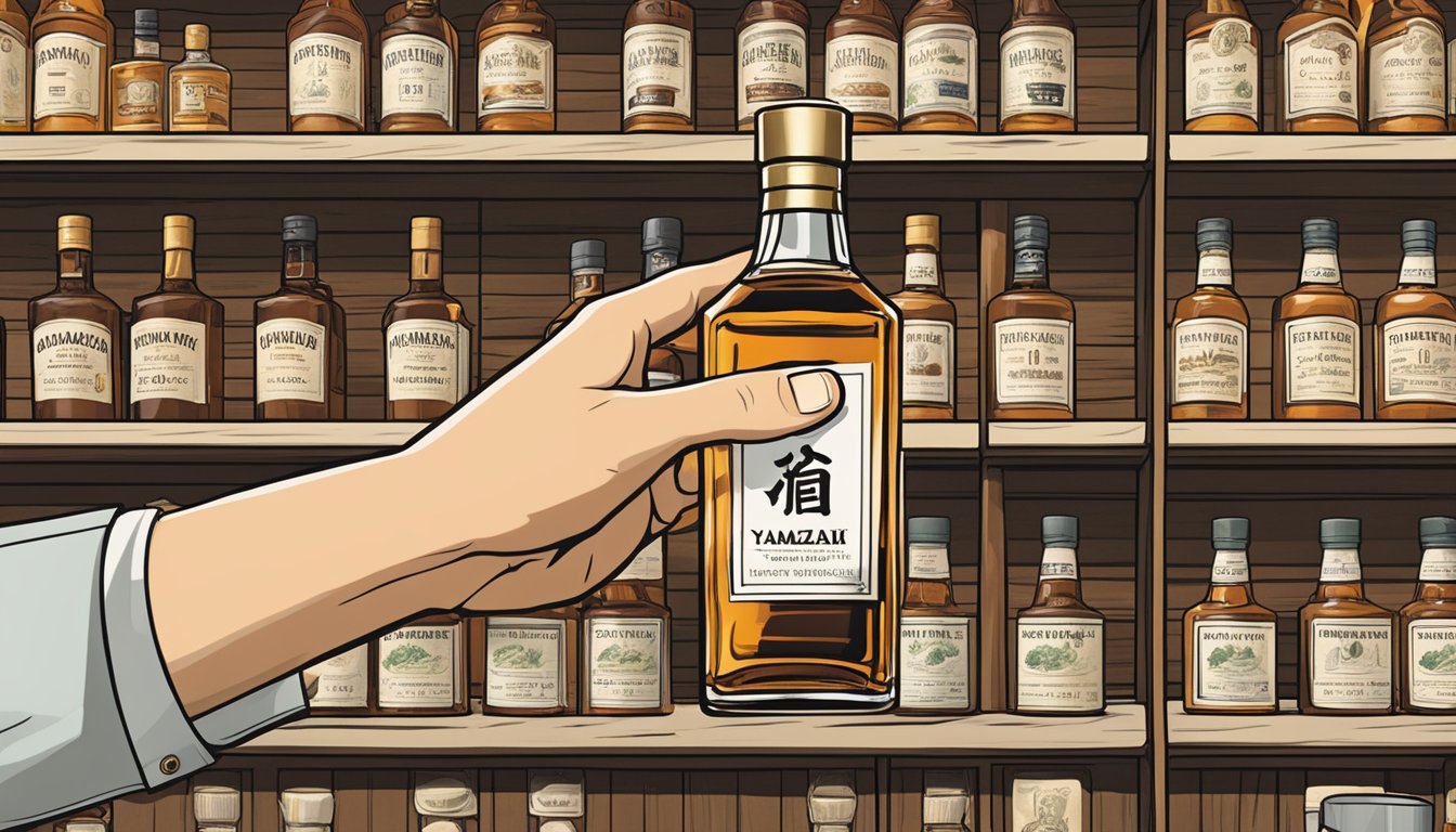 A hand reaches for a bottle of Yamazaki whisky in a Singapore liquor store