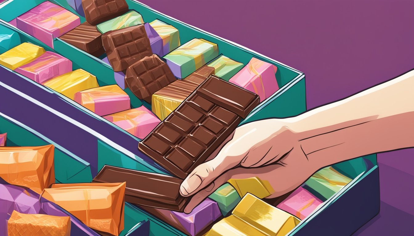 A hand reaching for a box of chocolate in a vibrant Singaporean market