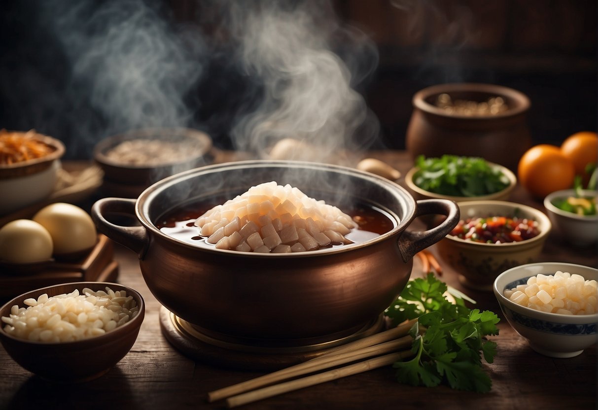 A steaming pot of Chinese pork jelly, surrounded by traditional ingredients and utensils, symbolizing cultural significance and centuries-old history