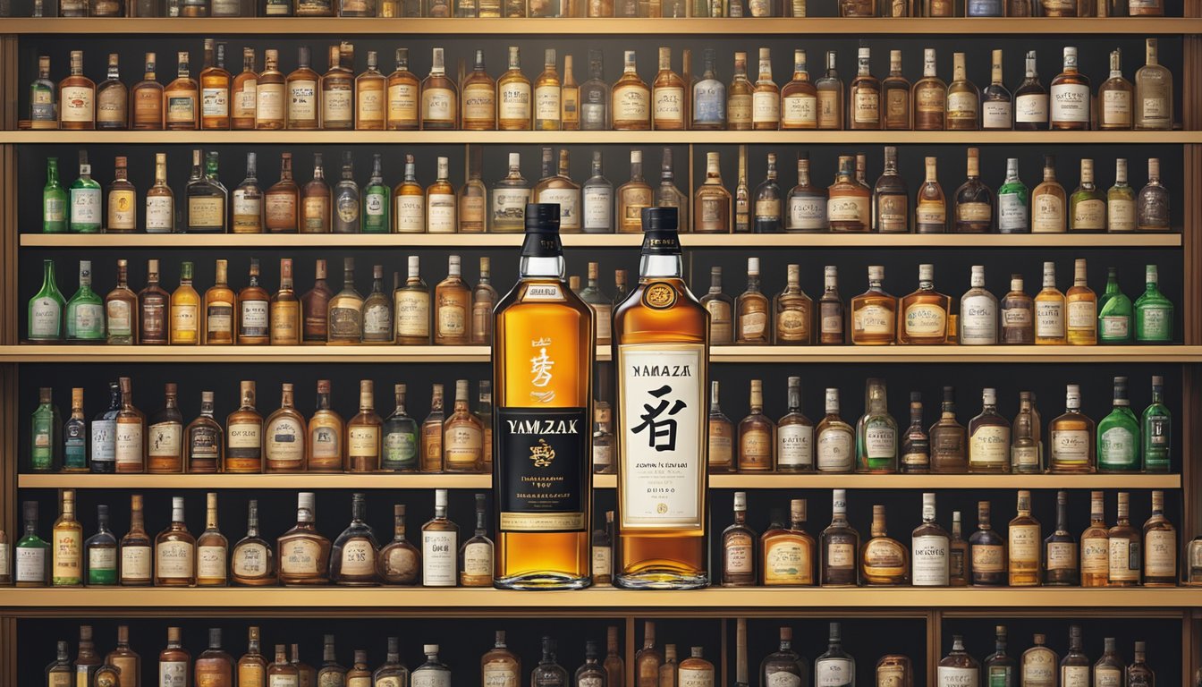 A bottle of Yamazaki Whisky sits on a shelf in a Singaporean liquor store, surrounded by other premium spirits