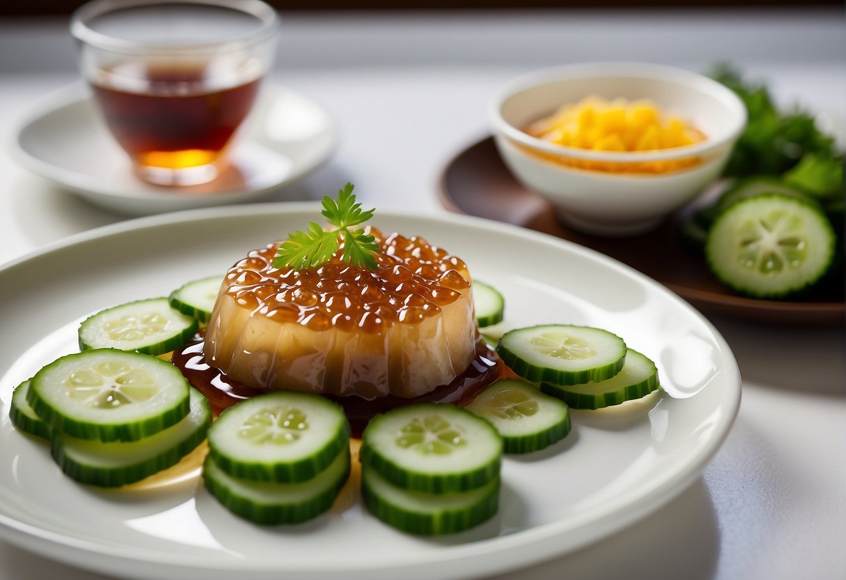 A table set with Chinese pork jelly, accompanied by sliced cucumbers, soy sauce, and chili oil