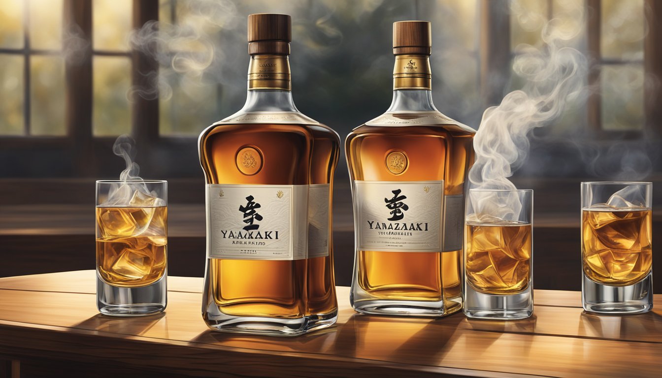 A bottle of Yamazaki whisky sits on a wooden table, surrounded by glasses and a gentle wisp of smoke, evoking a sense of luxury and indulgence