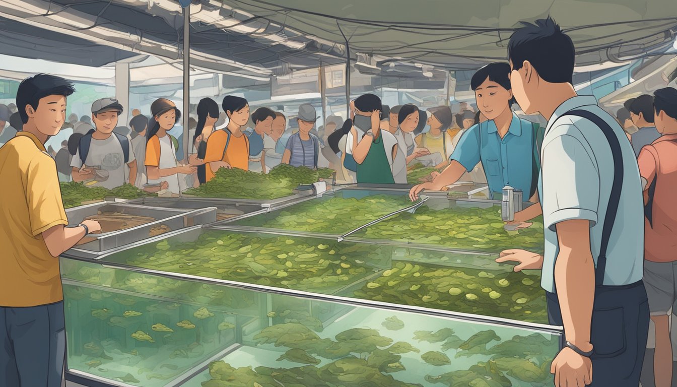 A vendor at a bustling Singapore market displays live frogs in a tank, surrounded by curious onlookers and the sounds of the city