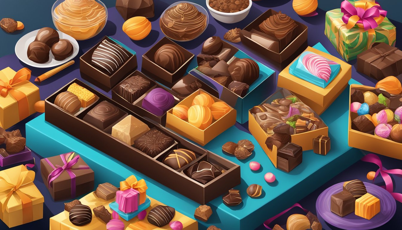 A table overflowing with a variety of chocolates and gift boxes, surrounded by vibrant and exotic flavors from around the world