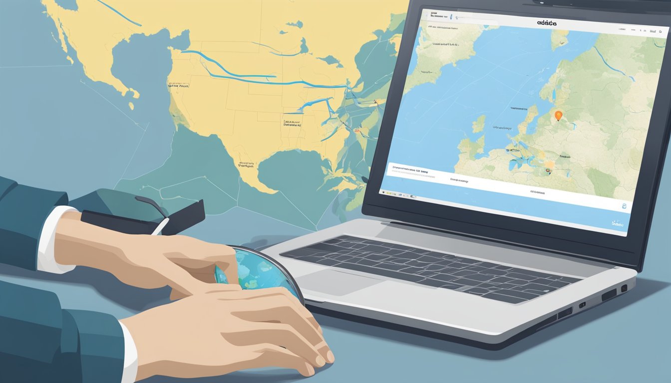 A hand reaches for a laptop showing the Adidas US website. A map of the world displays the route from the US to Singapore. The cursor clicks on the desired item and proceeds to checkout