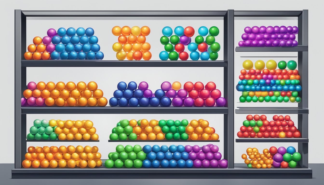 Shelves lined with colorful magnetic balls in a well-lit store in Singapore. Various sizes and designs on display with price tags