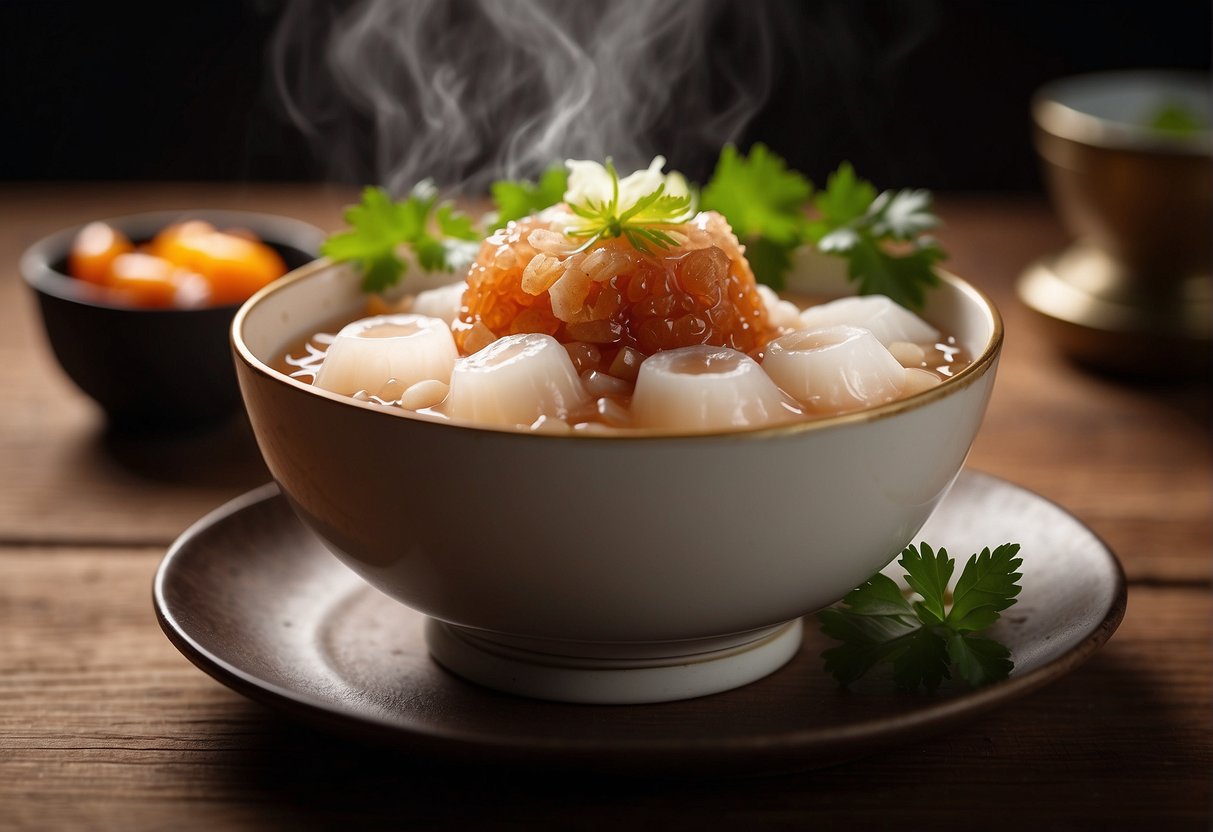 A steaming bowl of Chinese pork jelly with garnishes on a wooden table