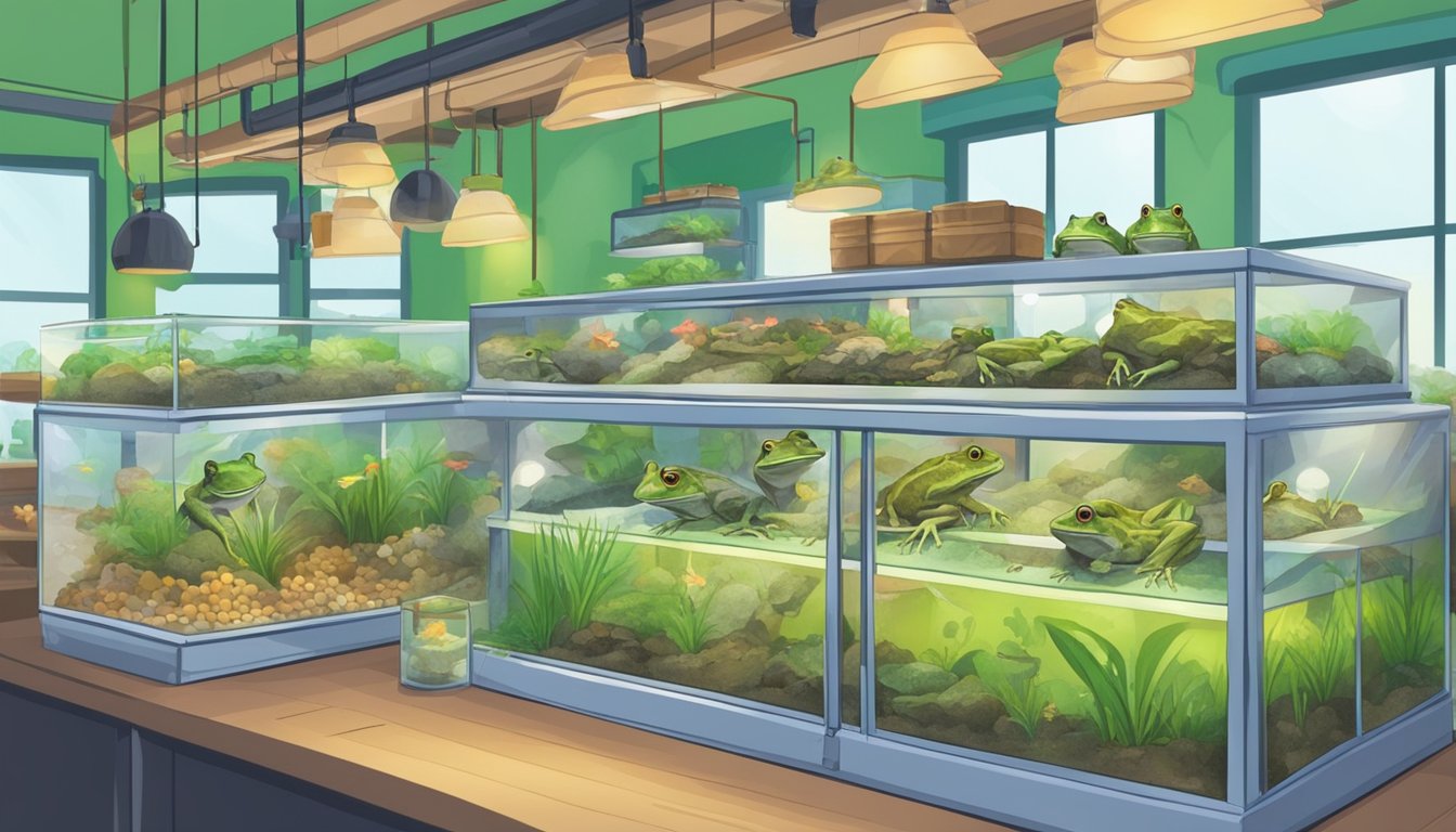 A variety of frog-related products are displayed in a pet store. Vividly colored tanks, heat lamps, and live insects for feeding are available for purchase