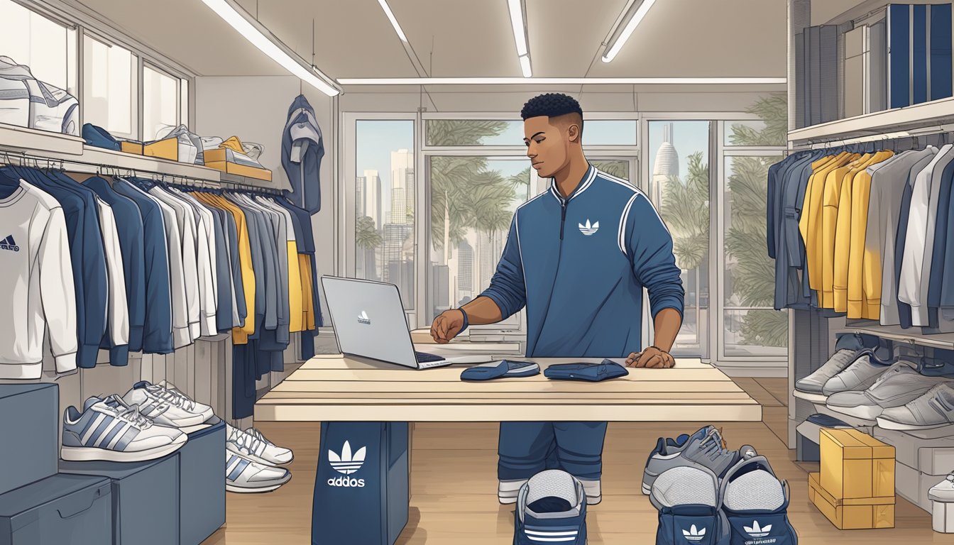 A person in the US selects Adidas products online, completes the purchase, and arranges international shipping to Singapore