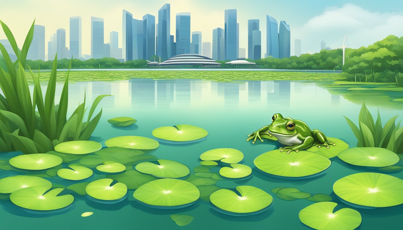 A frog sitting on a lily pad in a lush green pond, with the city of Singapore in the background