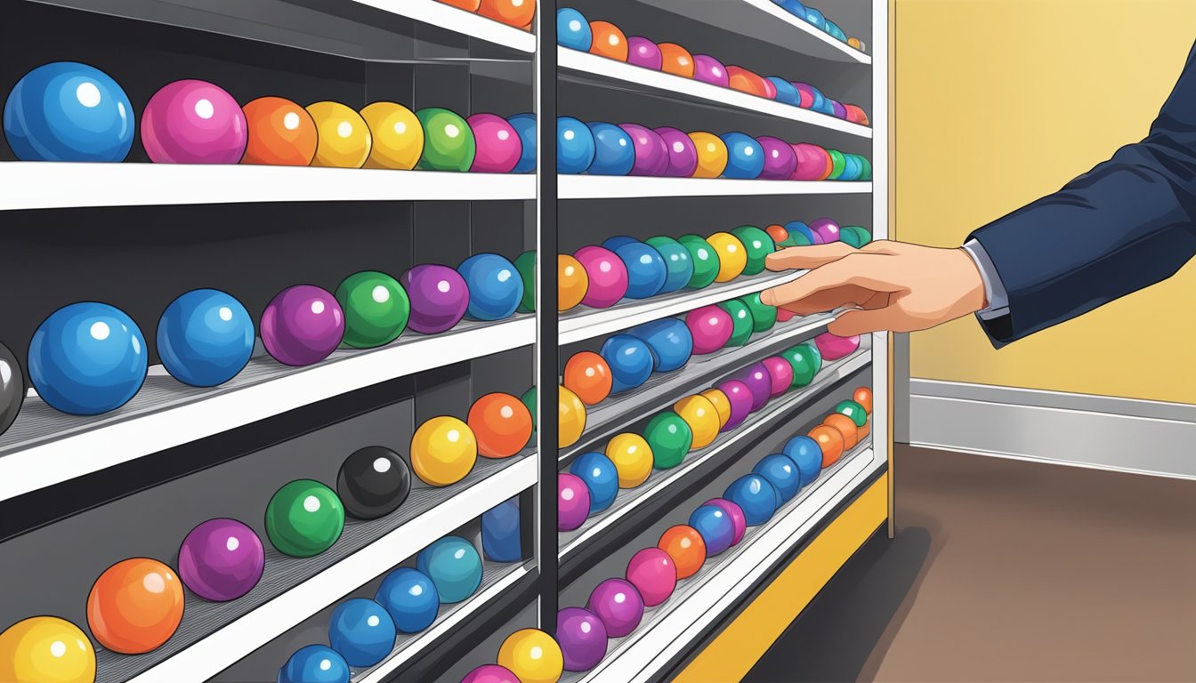 A hand reaches out to select magnetic balls from a shelf in a store, with various options displayed in the background