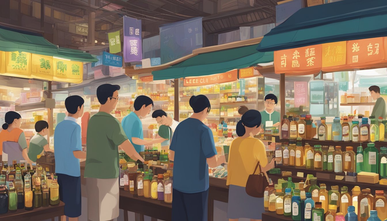 A bustling Singapore market stall displays various bottles of leech oil, with colorful signage and eager customers browsing the selection
