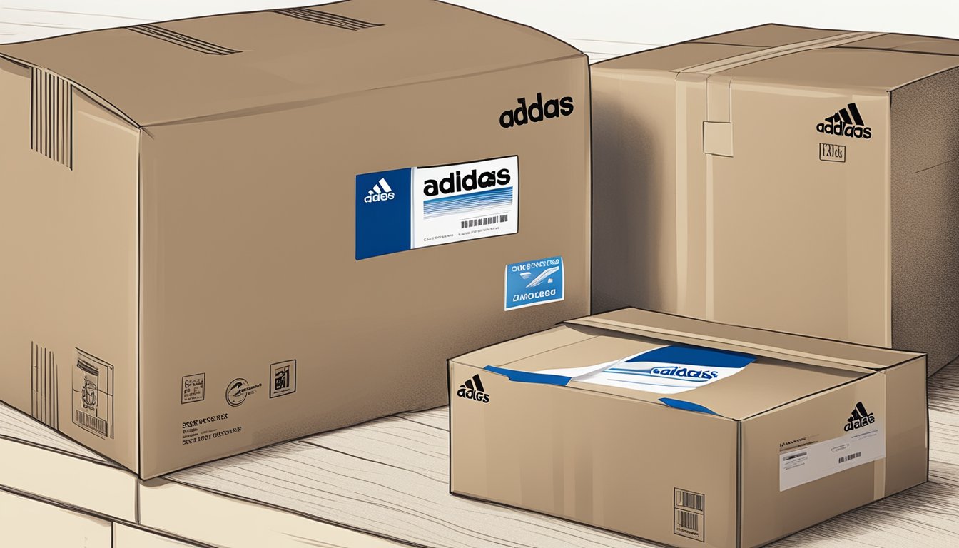 A package labeled "Adidas" is being carefully placed into a shipping box, with a "Singapore" address label affixed to the outside