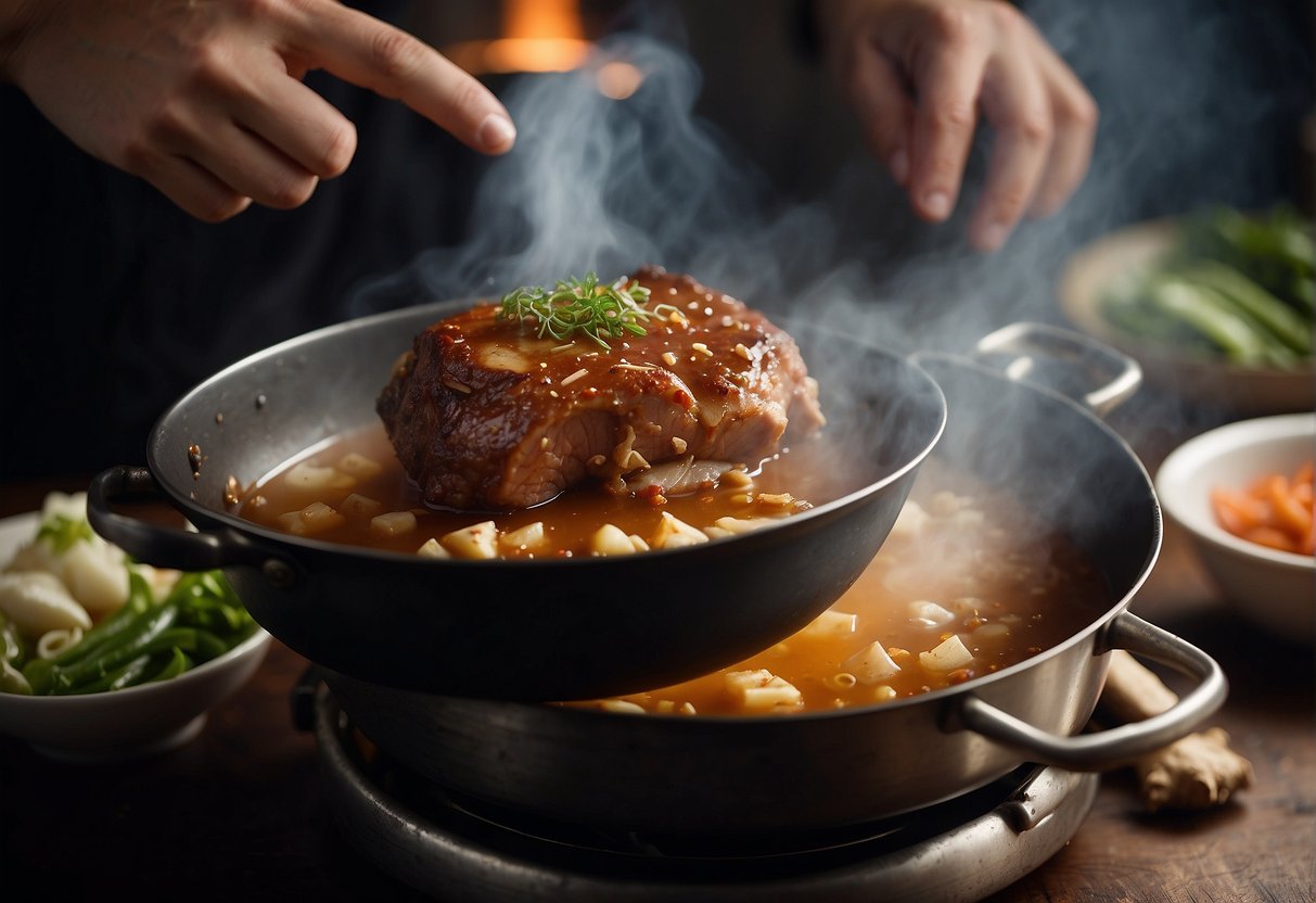 A large pot simmering with soy sauce, ginger, and spices, while a pork knuckle slowly cooks, releasing a rich, savory aroma