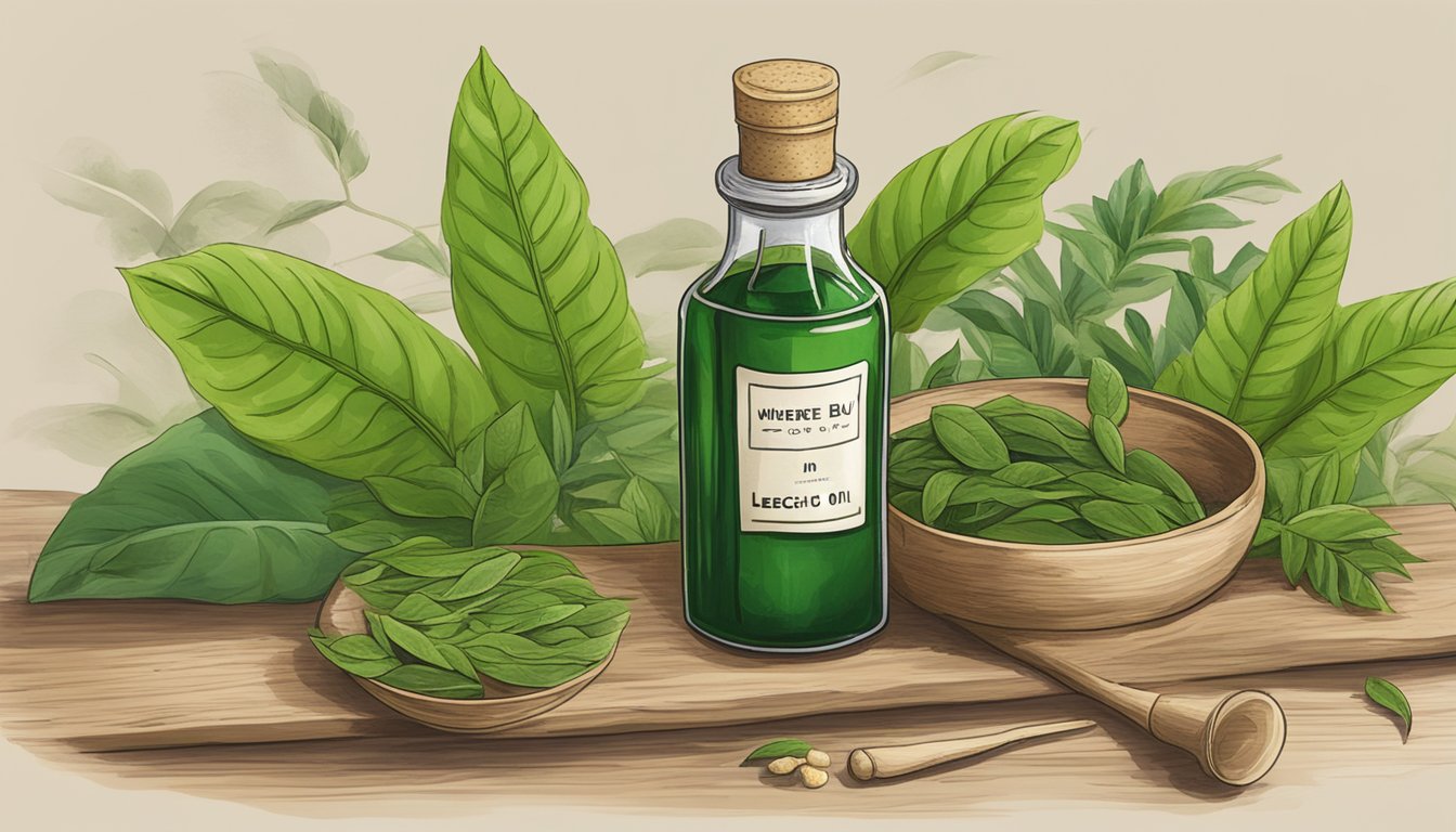 A bottle of leech oil sits on a wooden table, surrounded by green leaves and a mortar and pestle. A sign reads "Where to buy leech oil in Singapore."