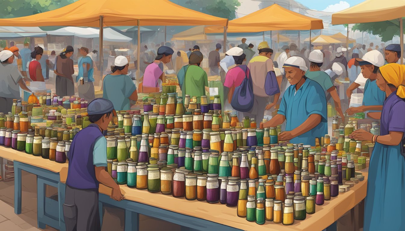 A busy marketplace with colorful stalls selling bottles of leech oil. Customers inquire about the product at various vendors