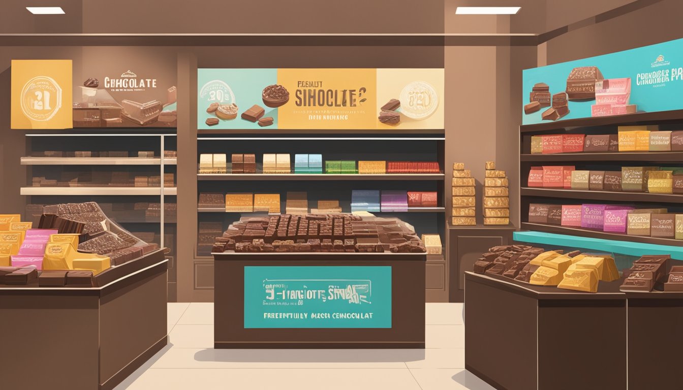 A display of various chocolate products with a sign reading "Frequently Asked Questions about buying chocolate in Singapore" prominently featured