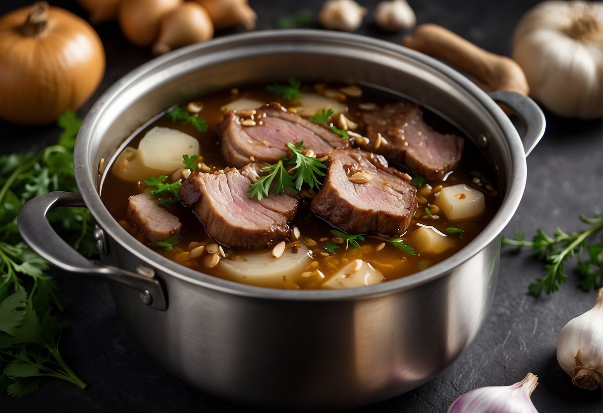 A large pot simmering with soy sauce, ginger, and spices. A pork knuckle submerged in the fragrant broth, surrounded by garlic, onions, and star anise