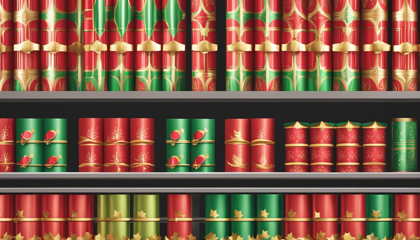 A festive display of Christmas crackers on shelves in a Singaporean retail store. Bright packaging and holiday-themed designs catch the eye