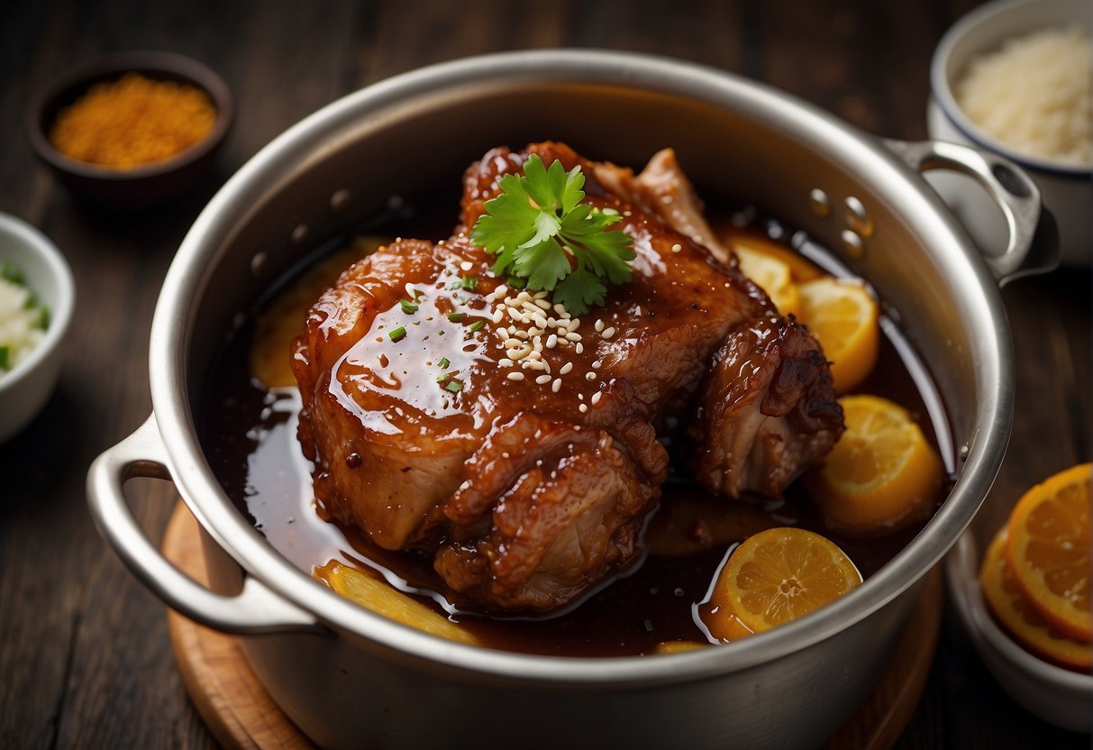 Pork knuckle being marinated in soy sauce, ginger, and spices, then placed in a pot with water and simmered until tender