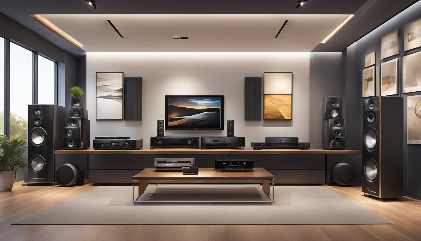 A showroom with sleek, modern Marantz audio equipment on display. Soft lighting highlights the premium quality of the products