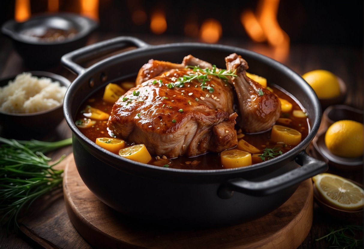 A large pot simmers with soy sauce, ginger, and spices. A pork knuckle slowly cooks, filling the room with rich, savory aromas