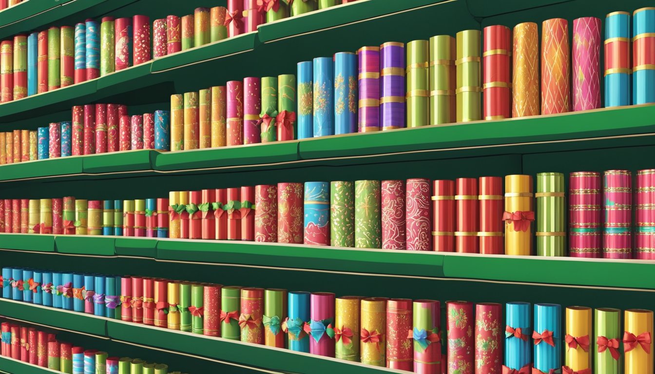 Colorful Christmas crackers displayed on shelves in a festive store in Singapore. Bright packaging and holiday-themed designs entice shoppers to purchase