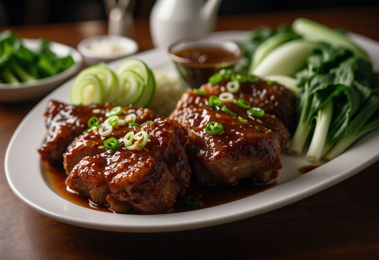 A platter of glistening Chinese pork knuckle, garnished with green onions and served with a side of steamed bok choy