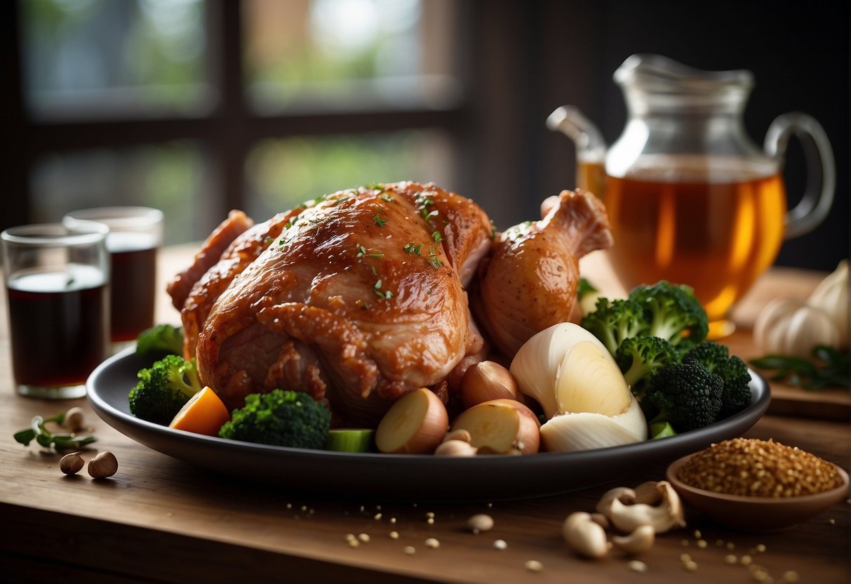A table with ingredients: pork knuckle, soy sauce, ginger, garlic, and spices. A nutrition label displaying calories, fat, protein, and other nutritional information