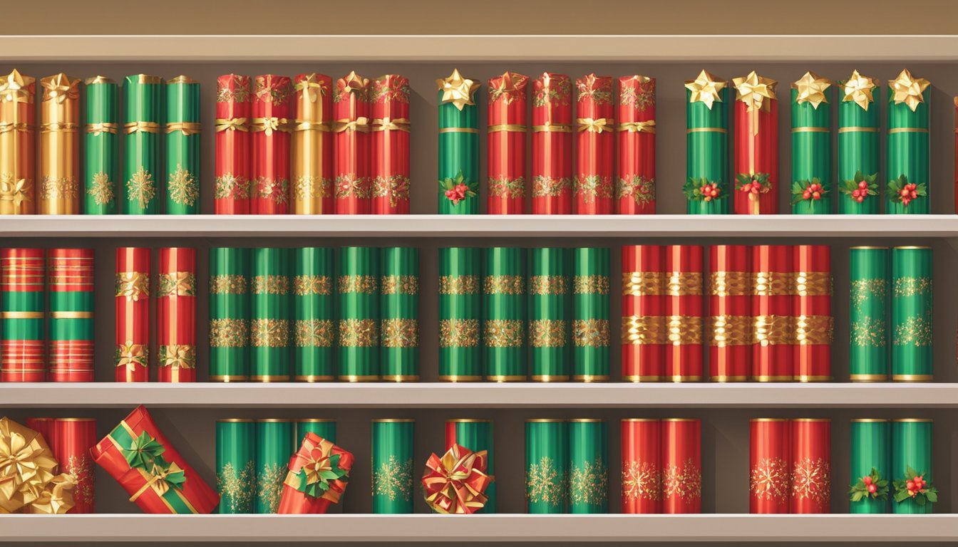 A festive display of Christmas crackers on shelves in a Singaporean store. Bright packaging and holiday-themed designs catch the eye