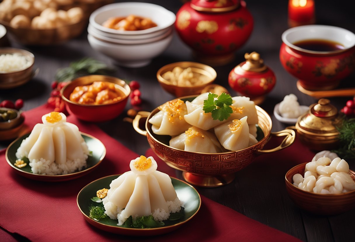 A table adorned with various traditional Chinese New Year recipes, including dumplings, fish, and rice cakes, with red and gold decorations