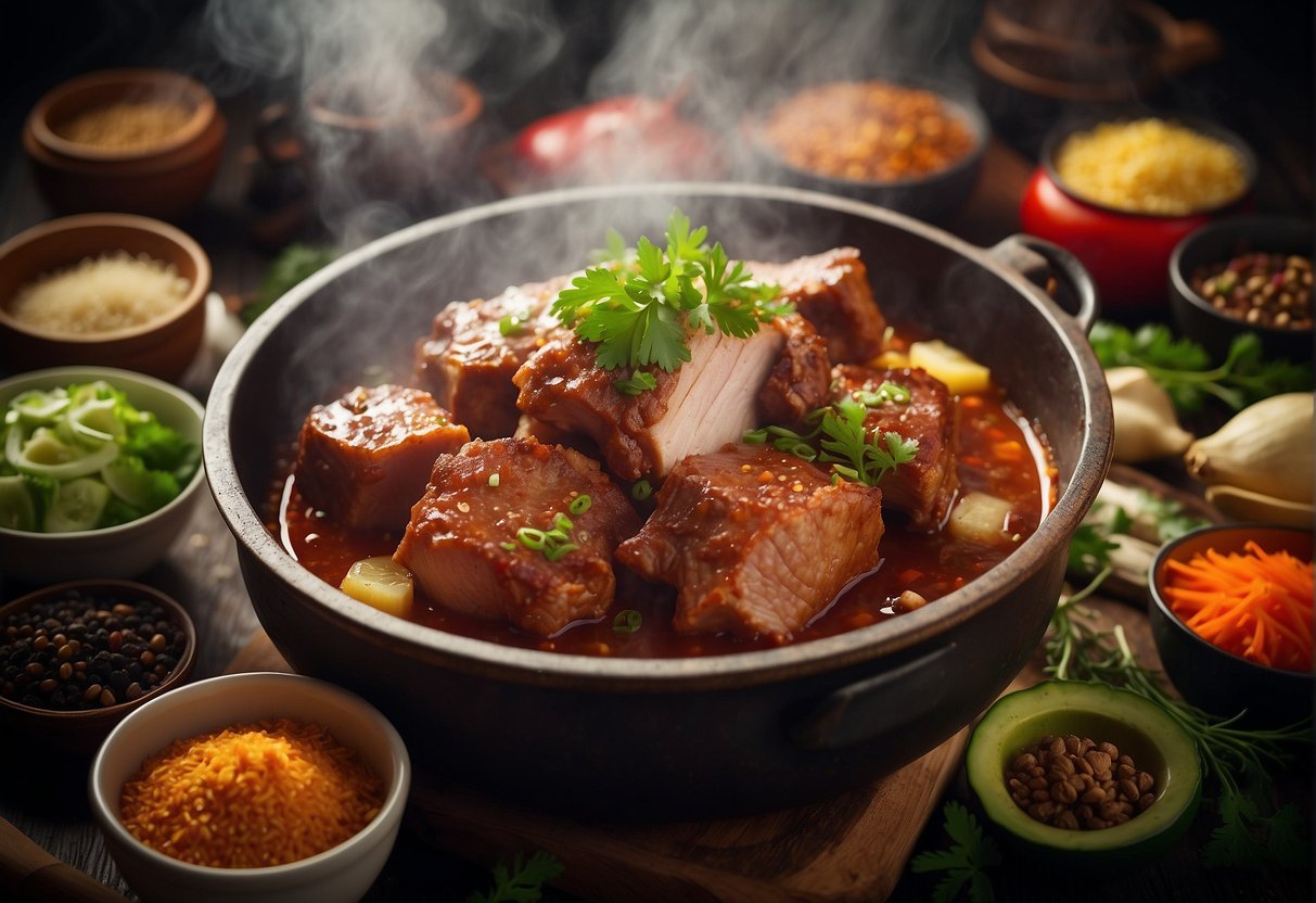 A steaming pot of Chinese pork knuckle simmering in fragrant spices and herbs, surrounded by a variety of fresh ingredients and condiments