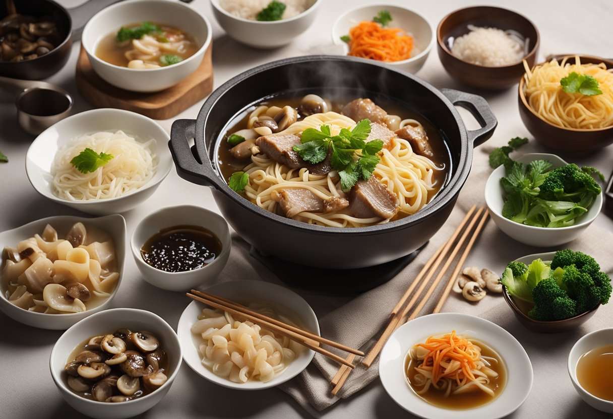 A table set with various ingredients like pork, mushrooms, and noodles, surrounded by bowls and chopsticks. A pot of simmering broth sits in the center, filling the air with a savory aroma