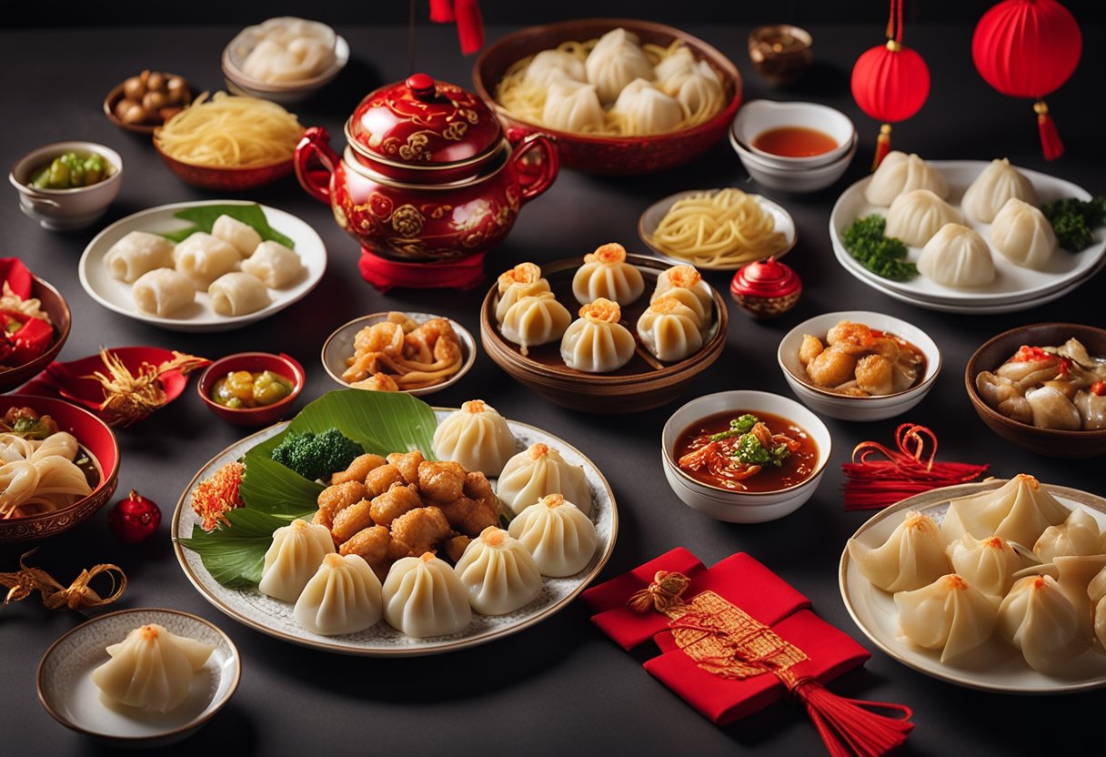 A table set with traditional Chinese New Year dishes, including dumplings, fish, and noodles, surrounded by festive decorations and red lanterns