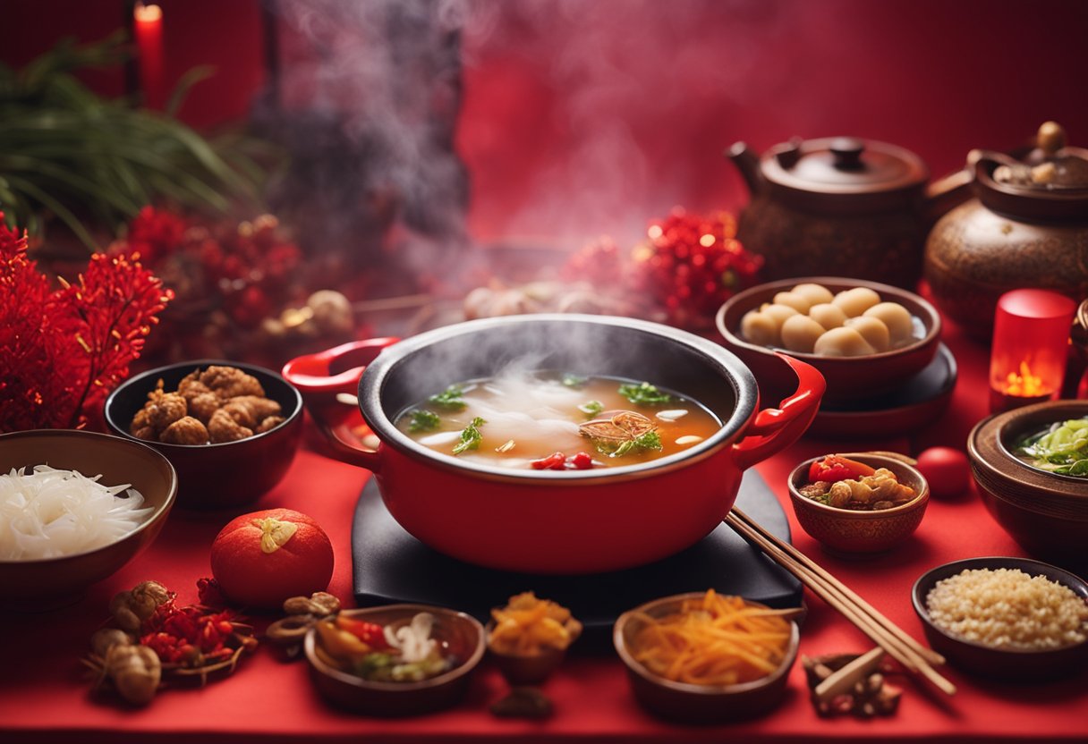 A steaming pot of Chinese New Year soup surrounded by vibrant red decorations and symbolic ingredients