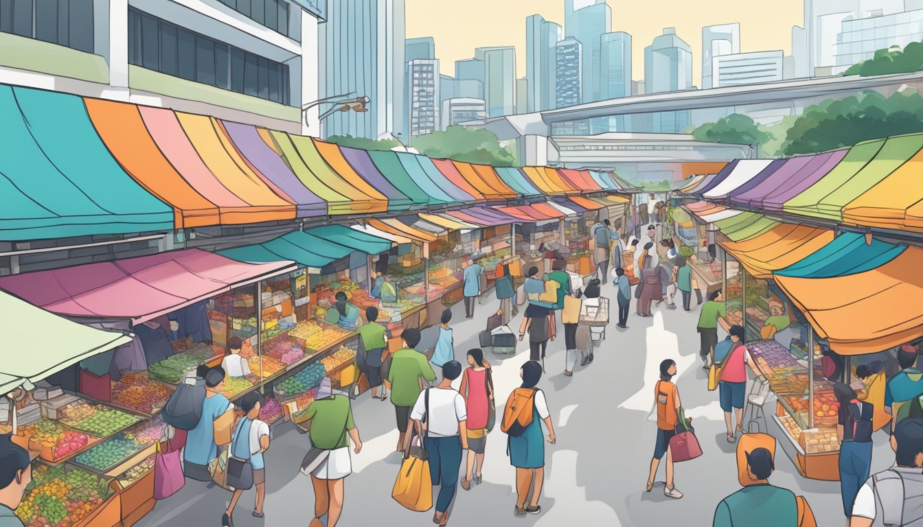 A bustling market in Singapore, with colorful stalls and eager shoppers browsing for Stojo products