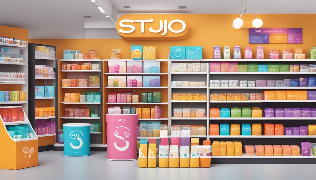 A colorful display of Stojo products on a sleek store shelf, with bright signage and attractive packaging