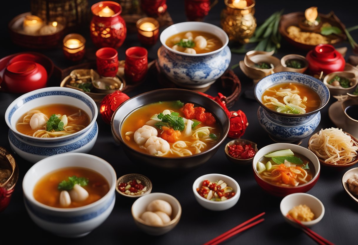 A table set with various bowls of traditional Chinese New Year soup recipes, surrounded by festive decorations and red lanterns