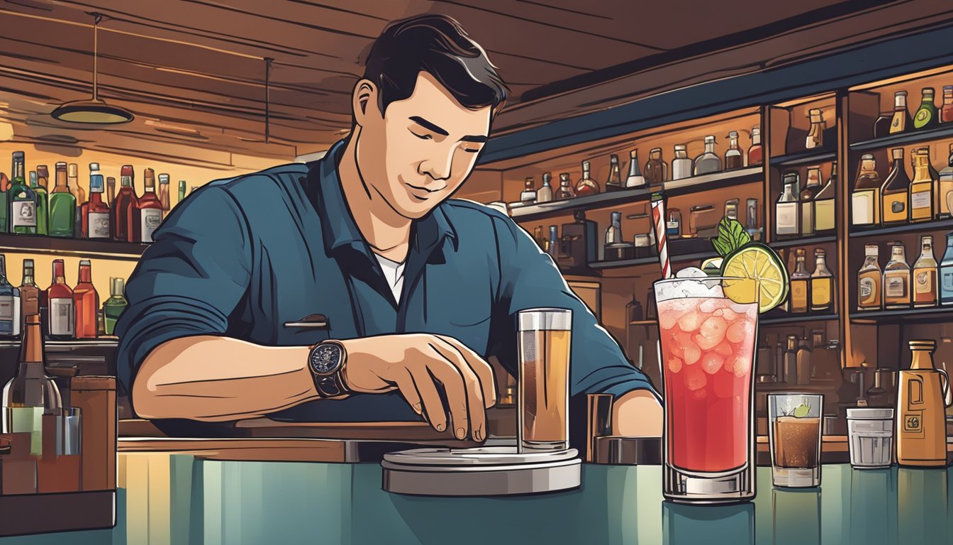 A bartender pours a Singapore Sling at a bustling bar in Singapore. The iconic cocktail sits on the counter next to a menu displaying its availability