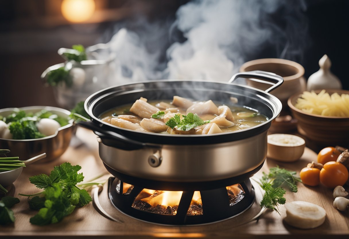 A table filled with ingredients like chicken, mushrooms, and bamboo shoots. A pot simmering on a stove, steam rising as broth is prepared