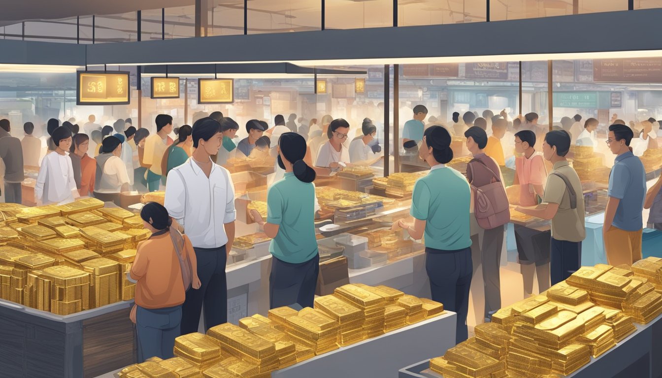 A bustling Singapore market with gold bars and coins on display, buyers and sellers negotiating prices